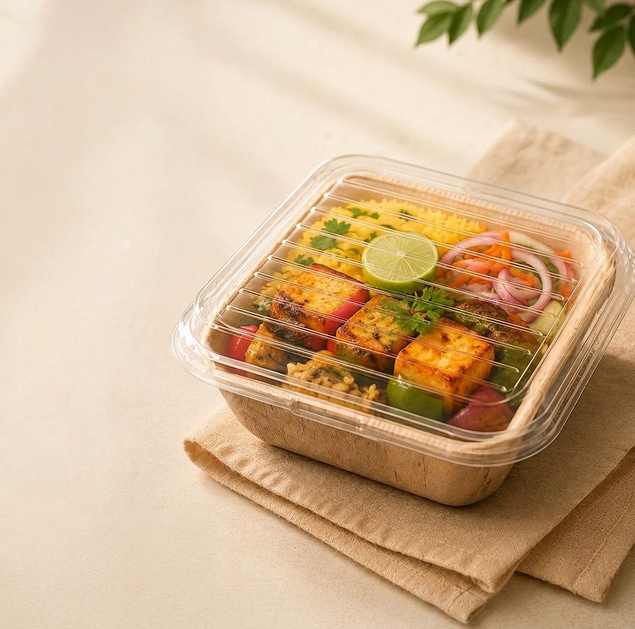 Thattu areca leaf plate with restaurant food – eco-friendly tableware for restaurants and cloud kitchens